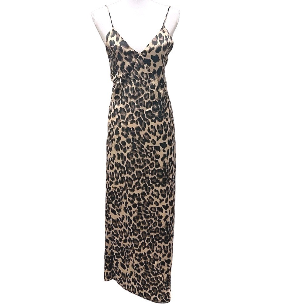 Forever 21 Leopard Print Satin Slip Dress Small Brown Black V-Neck Slit Cocktail